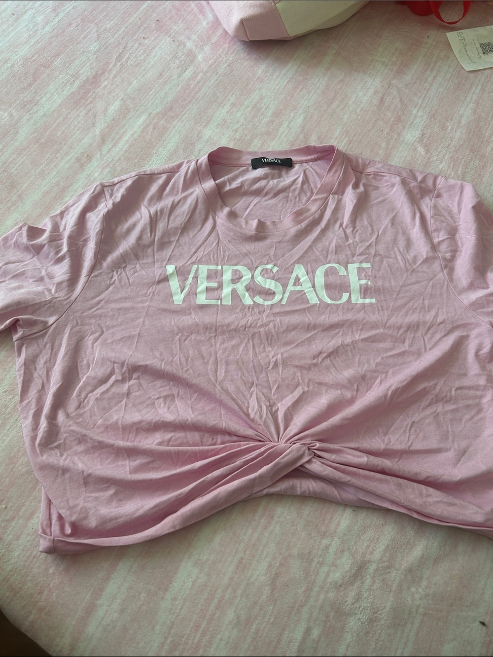 Versace Light Pink Knot-Front Logo Tee